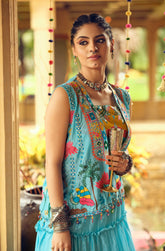 Attractive Sky Blue Chinon Embroidery Lehenga Choli With Koti